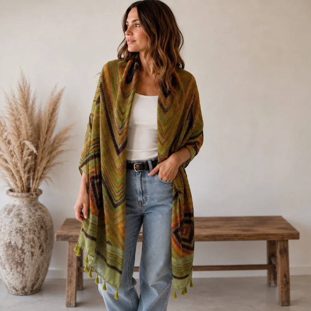 Oversized Boho Scarf Shawl Wrap Green Orange Geometric Chevron Tassel Fringe